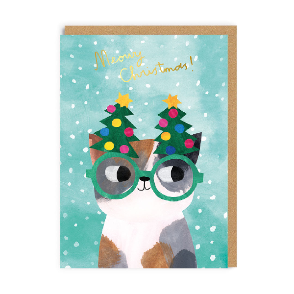 Cat In Christmas Tree Glasses Card