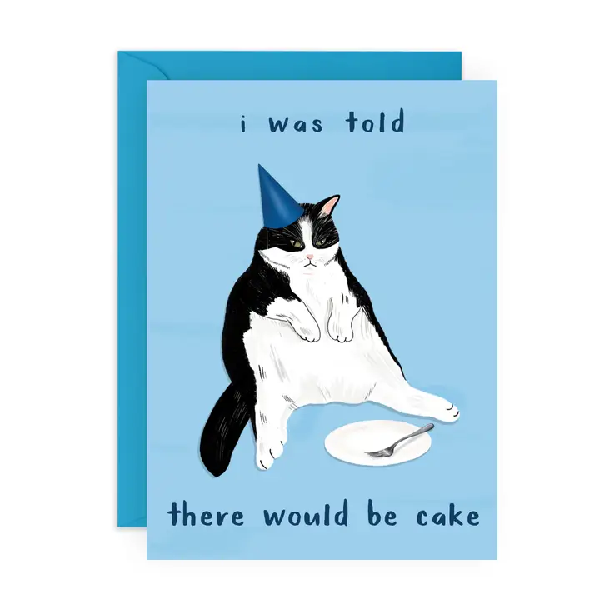 Funny blue birthday card. A cat sits with a party hat and a plate in between the text "I was told there would be cake" on the top and bottom of the card. 