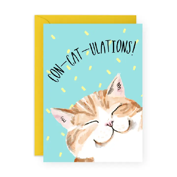 Blue congratulations card. A cheerful cat sits under the text "con-cat-ulations". 