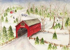 blank card by peter pauper press. illustrated is a crayon-drawn scene of a red covered bridge in a snowy, rural background.