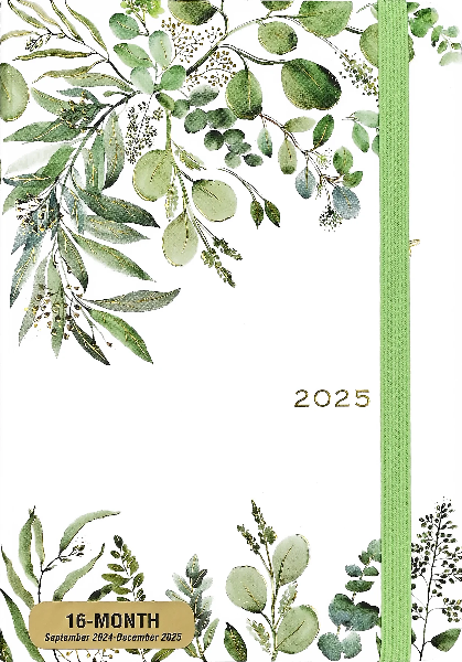 white notebook with a green elastic. the cover has watercolour leaves on the top and on the bottom. centre right text reads "2025" in gold. bottom left corner sticker text reads "16-month september 2024-december 2025". peter pauper product.