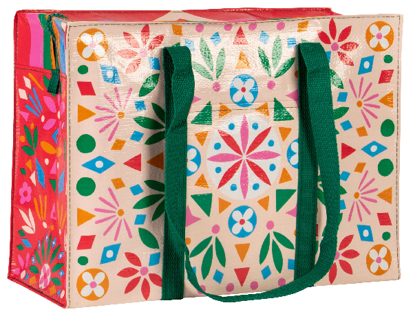 Plastic tote bag with colorful floral geometric pattern. 
