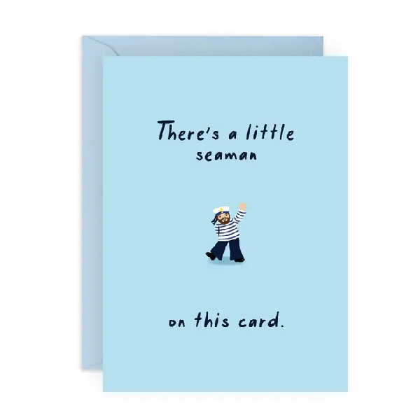 sky blue birthday card with a tiny drawing of a seaman. the above text writes "there's a little seaman" and the bottom text writes "on this card."