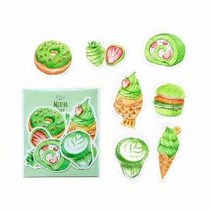 cute matcha-themed sticker set including a latte, chocolate strawberry, and more.