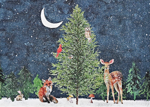 blank winter notecard. a fox, a fawn, a cardinal, a chickadee, an owl, and a rabbit, all gather around an evergreen tree on magical moonlit night.