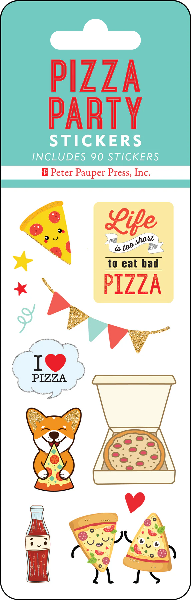 thin sticker sheet with a teal product hanger. main text reads "pizza party stickers". stickers shown included two pizza slices giving each other a high five, a pizza box, and more. peter pauper press product