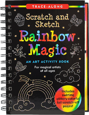 black spiral sketchbook with silver rainbows, butterflies, and cupcakes doodles. middle text reads "scratch and sketch rainbow magic: an art activity book for magical artists of all ages". bottom right text reads "includes glittery foils scratch-off page in a bright rainbow swirl circle