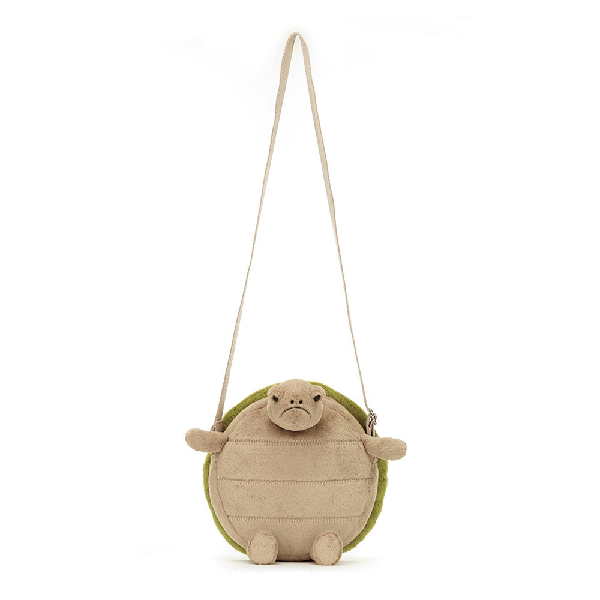 adorably soft plushie bag of a grumpy turtle by popular brand Jellycat.