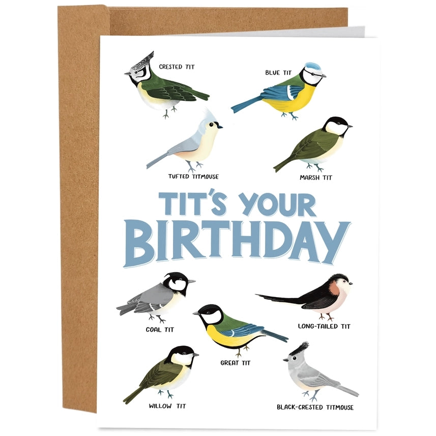 white birthday card. blue text in the centre reads "tit's your birthday". around the text are illustrations of various tit birds (ex.: marsh tit, coal tit, willow tit, ...)