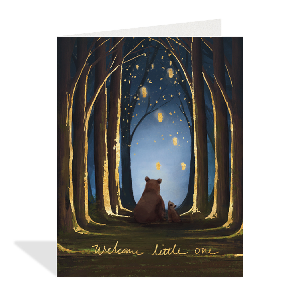Baby Card. Bear and cub sit in a forest and look at stars. Bottom text reads "Welcome little one"
